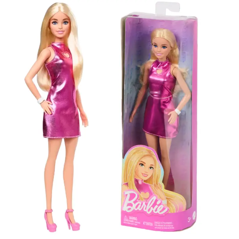 Barbie Fashionistas-Puppe Nr. 230 mit blondem Haar, rosa Metallic-Minikleid mit Herz-Aussparung, weißem Armband und High Heels, HYT88