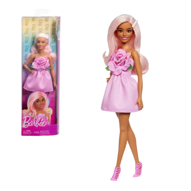 Barbie Fashionistas Puppe Nr. 238 mit pastellrosa Haaren, einem trägerlosen Kleid mit Rosenoberteil, Perlenhaarspange und Riemchenschuhen mit hohen Absätzen, HYT94