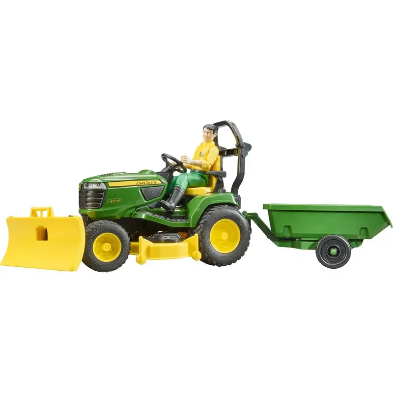 BRUDER bworld John Deere X949 Rasentraktor mit Gärtner-Figur und Kippanhänger - Spielzeug Set 1