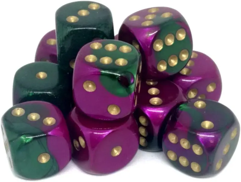 Chessex - 12er Box Würfel - Gemini Green-Purple/gold 16mm D6 Dice Block (12 dice)