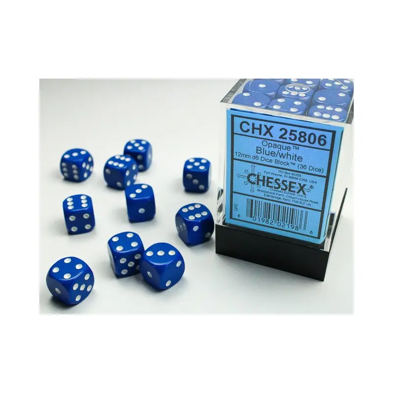 Chessex - 36er Box Würfel - Opaque Blue/white 12mm D6 Dice Block (36 dice)