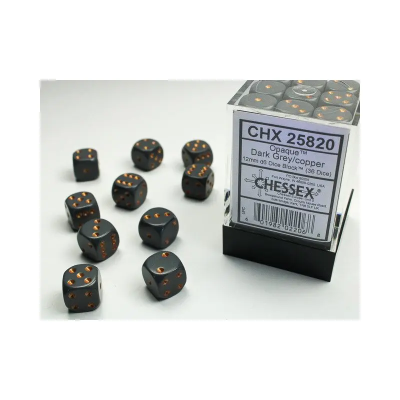 Chessex - 36er Box Würfel - Opaque Dark Grey/copper 12mm D6 Dice Block (36 dice)