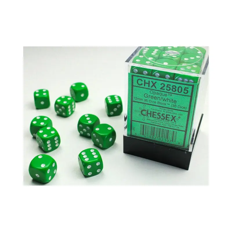 Chessex - 36er Box Würfel - Opaque Green/white 12mm D6 Dice Block (36 dice)