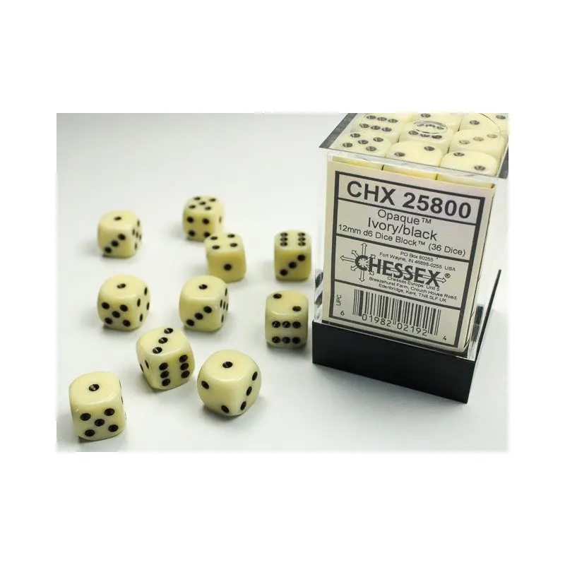 Chessex - 36er Box Würfel - Opaque Ivory/black 12mm D6 Dice Block (36 dice)