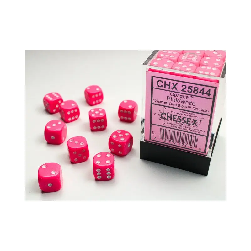 Chessex - 36er Box Würfel - Opaque Pink/white 12mm D6 Dice Block (36 dice)