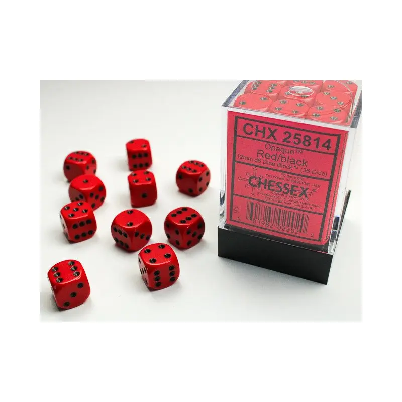 Chessex - 36er Box Würfel - Opaque Red/black 12mm D6 Dice Block (36 dice)