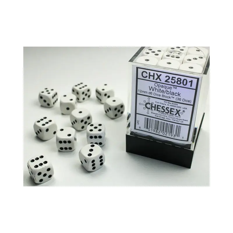Chessex - 36er Box Würfel - Opaque White/black 12mm D6 Dice Block (36 dice)