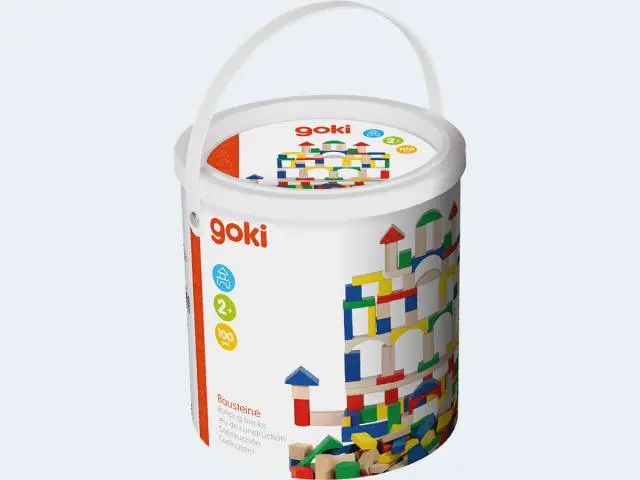 goki 100 Holzbausteine bunt in Trommel