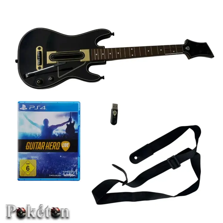 PS4 Playstation 4 - Guitar Hero Spiel + Guitarre + Empfänger (Dongle) + Gurt